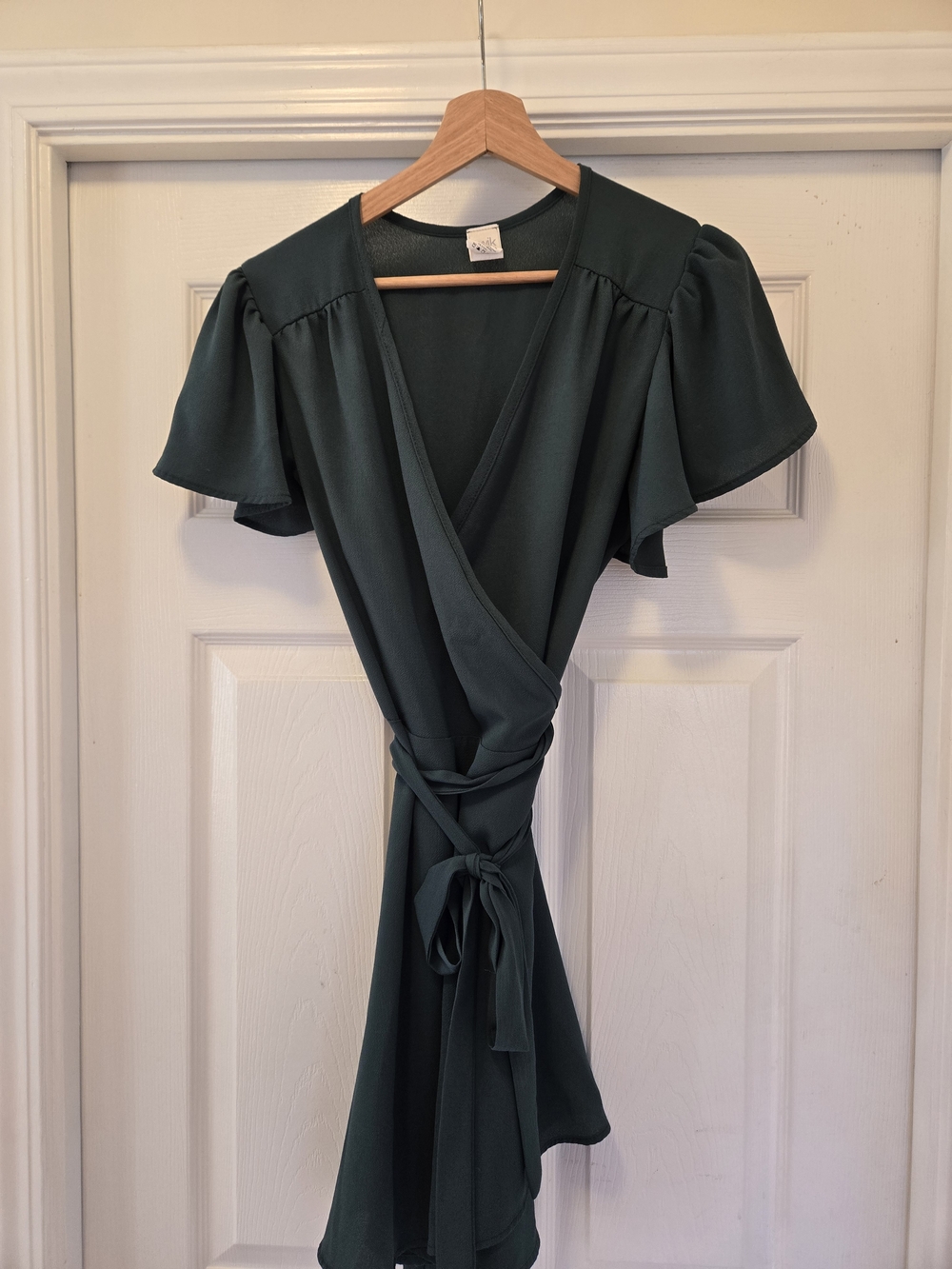 Emerald Green Wrap Dress with Flutter Sleeves